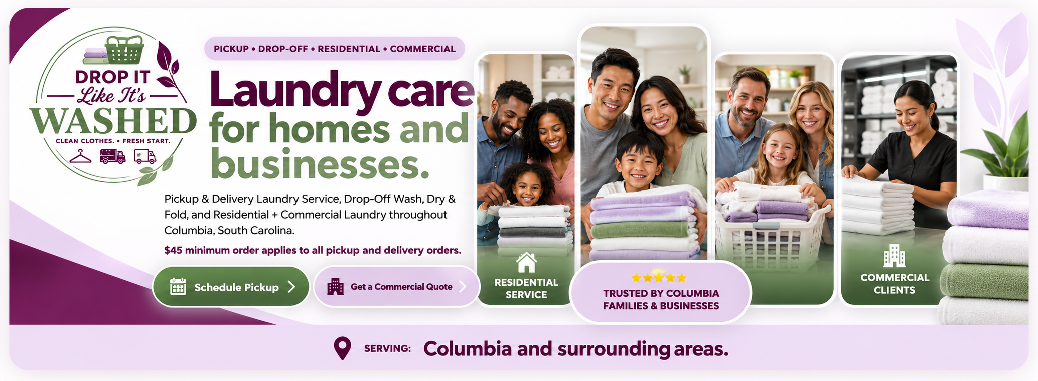 Black, Asian, and White families and a commercial laundry professional